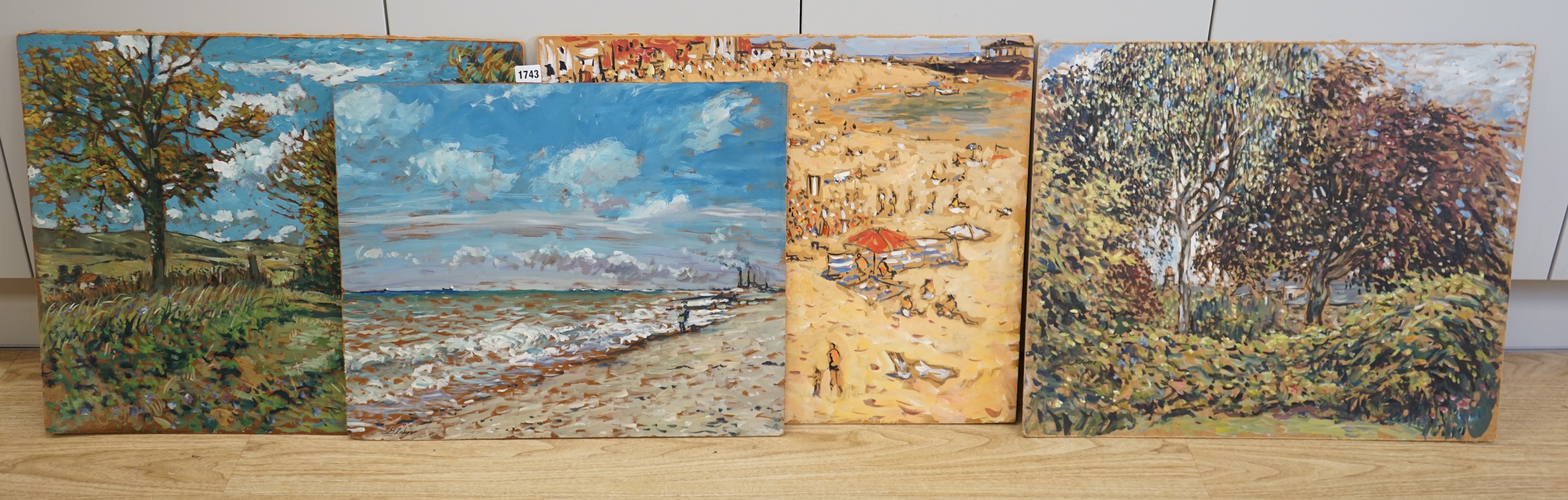 Michael John Blaker (1928-2018), four oils on board, comprising 'At Woodlands', 'Woody landscape', 'On the Sussex coast' and Broadstairs beach, three signed, 51 x 61cm, unframed. Condition - fair to good